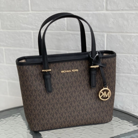 Michael Kors Travel Extra-Small Logo Top-Zip Tote Bag Black Brown - Picture 1 of 5